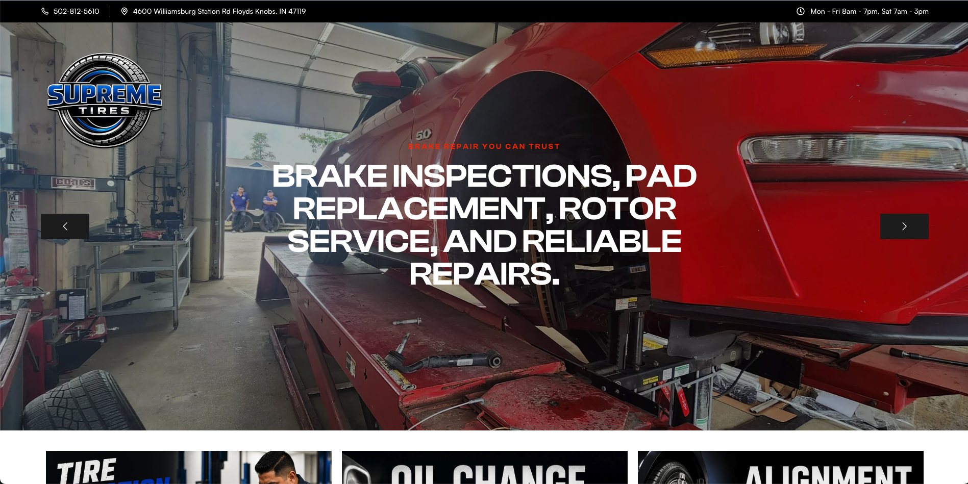 Supreme Tires in Floyds Knobs, Indiana providing tires, oil changes, brakes, alignments, diagnostics, and same-day auto repair services.