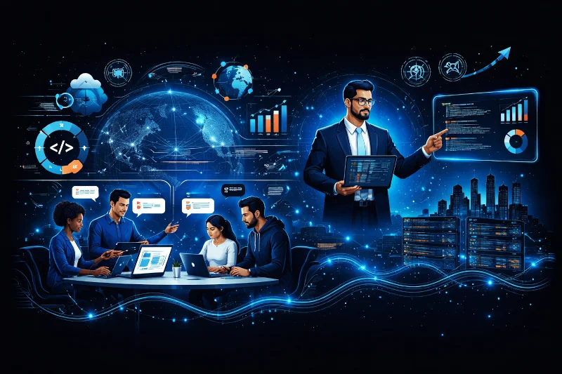 Software development team collaborating with a technology leader on cloud architecture, AI solutions, enterprise software development, and digital transformation.