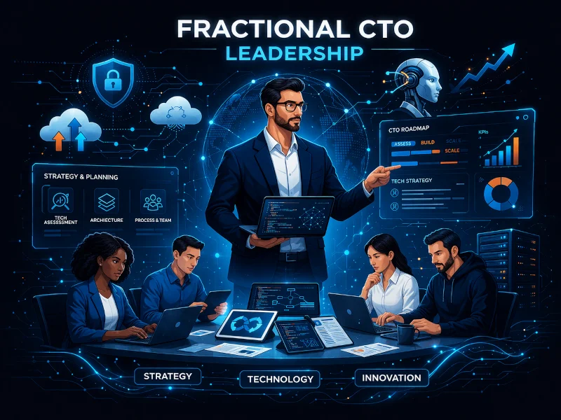 Fractional CTO leading a software engineering team with cloud architecture, AI strategy, technology planning, DevOps, and enterprise software development.