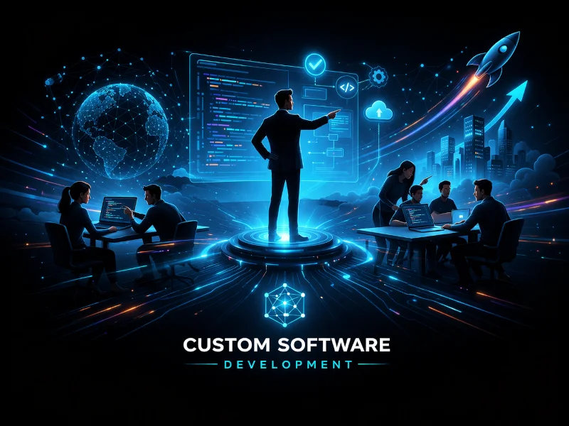 Software engineers developing a custom enterprise application with cloud technology, software architecture, API integrations, and scalable business solutions.