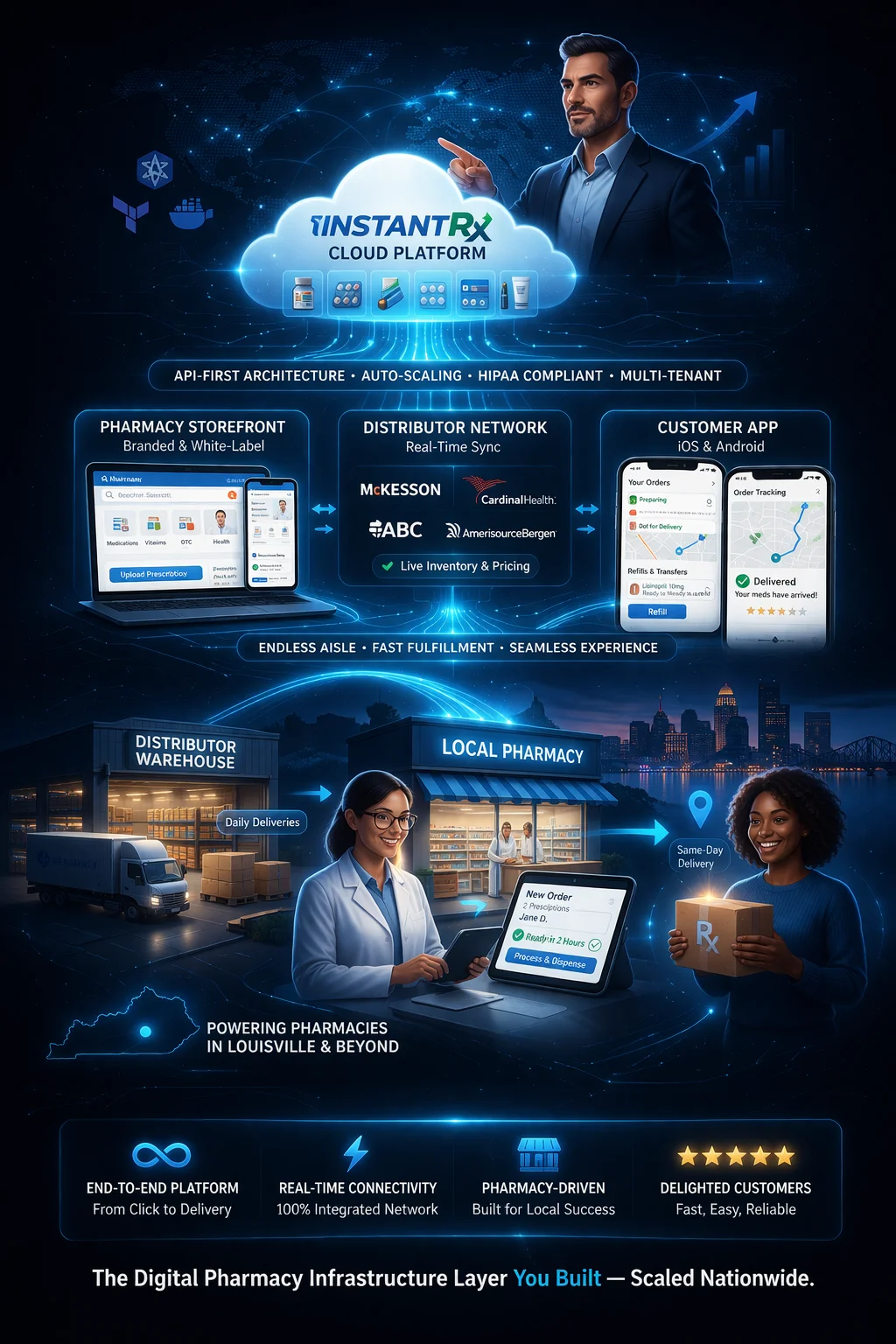 InstantRx pharmacy cloud platform featuring API integrations, pharmacy storefronts, distributor connectivity, mobile apps, HIPAA-compliant cloud infrastructure, and prescription management.