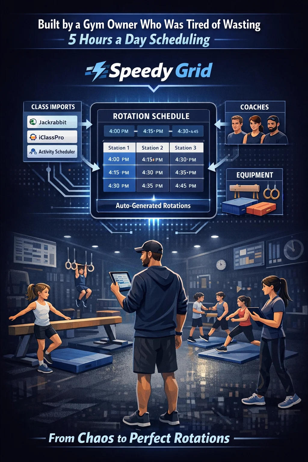 SpeedyGrid custom gym scheduling software platform with automated class rotations, coach scheduling, equipment management, and activity center automation.