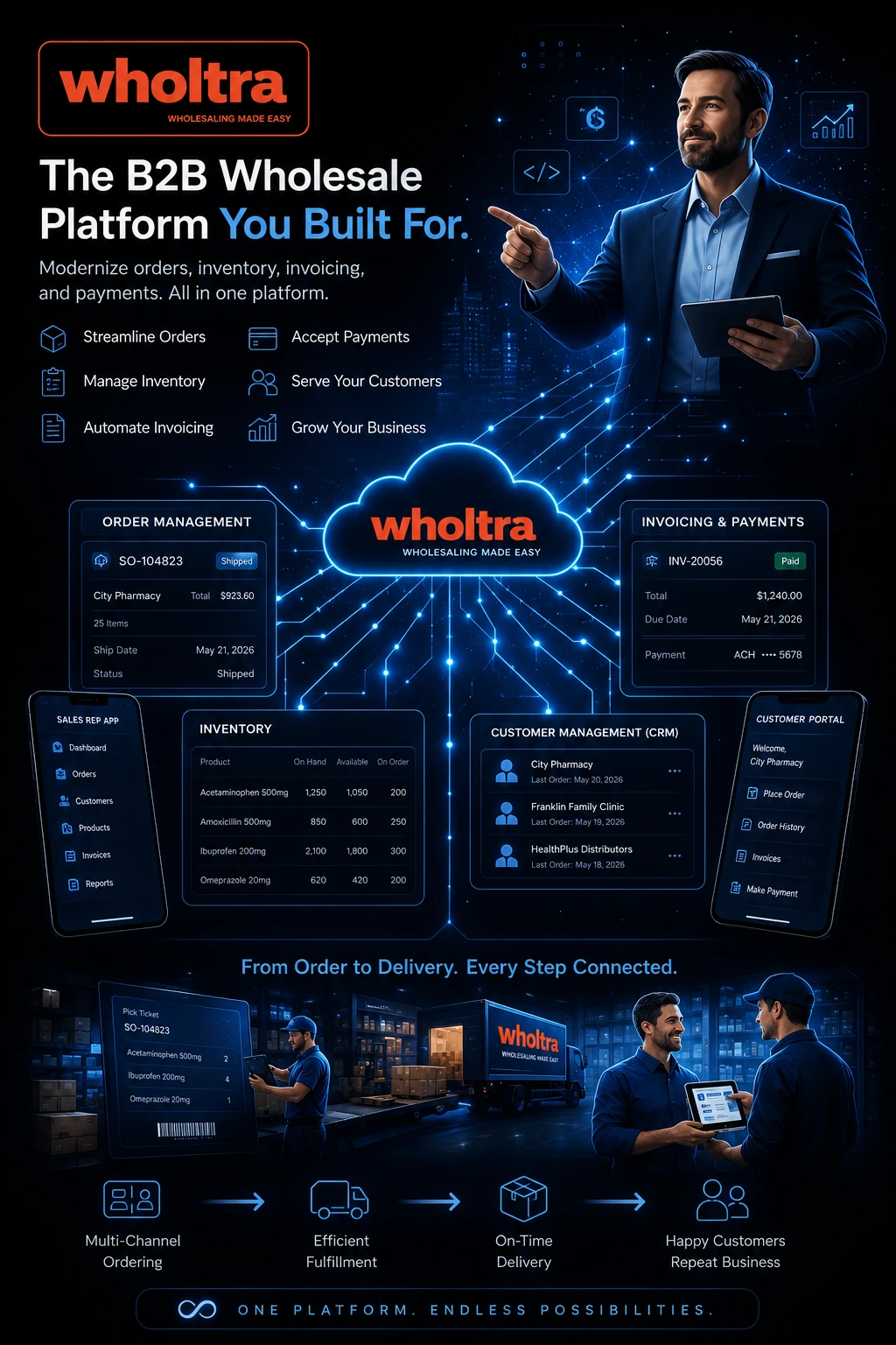 Wholtra B2B wholesale platform featuring order management, inventory control, CRM, invoicing, payments, customer portal, warehouse operations, and mobile sales applications.
