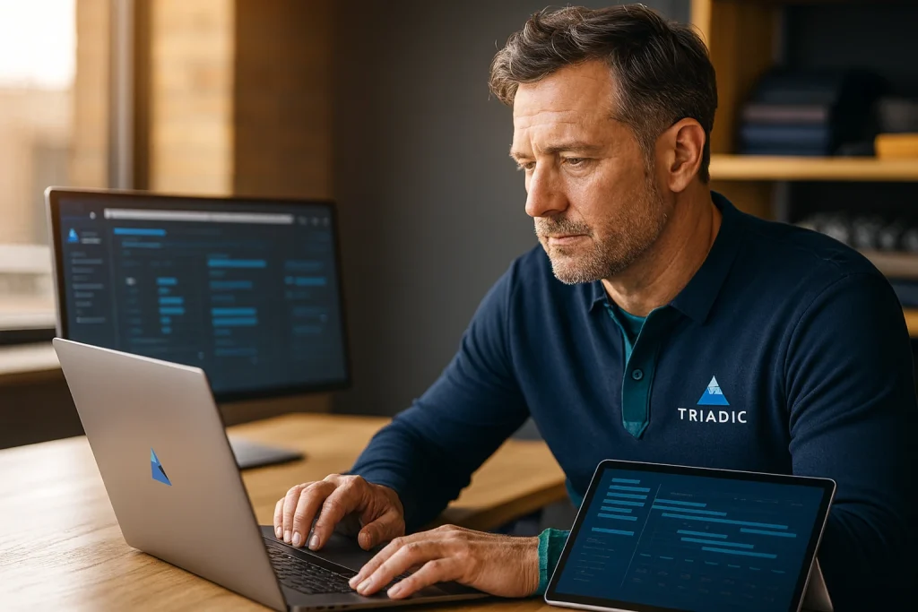 Triadic Software contractor office scene showing a business owner reviewing integrated construction accounting software on a laptop with warm lighting, no text overlay.
