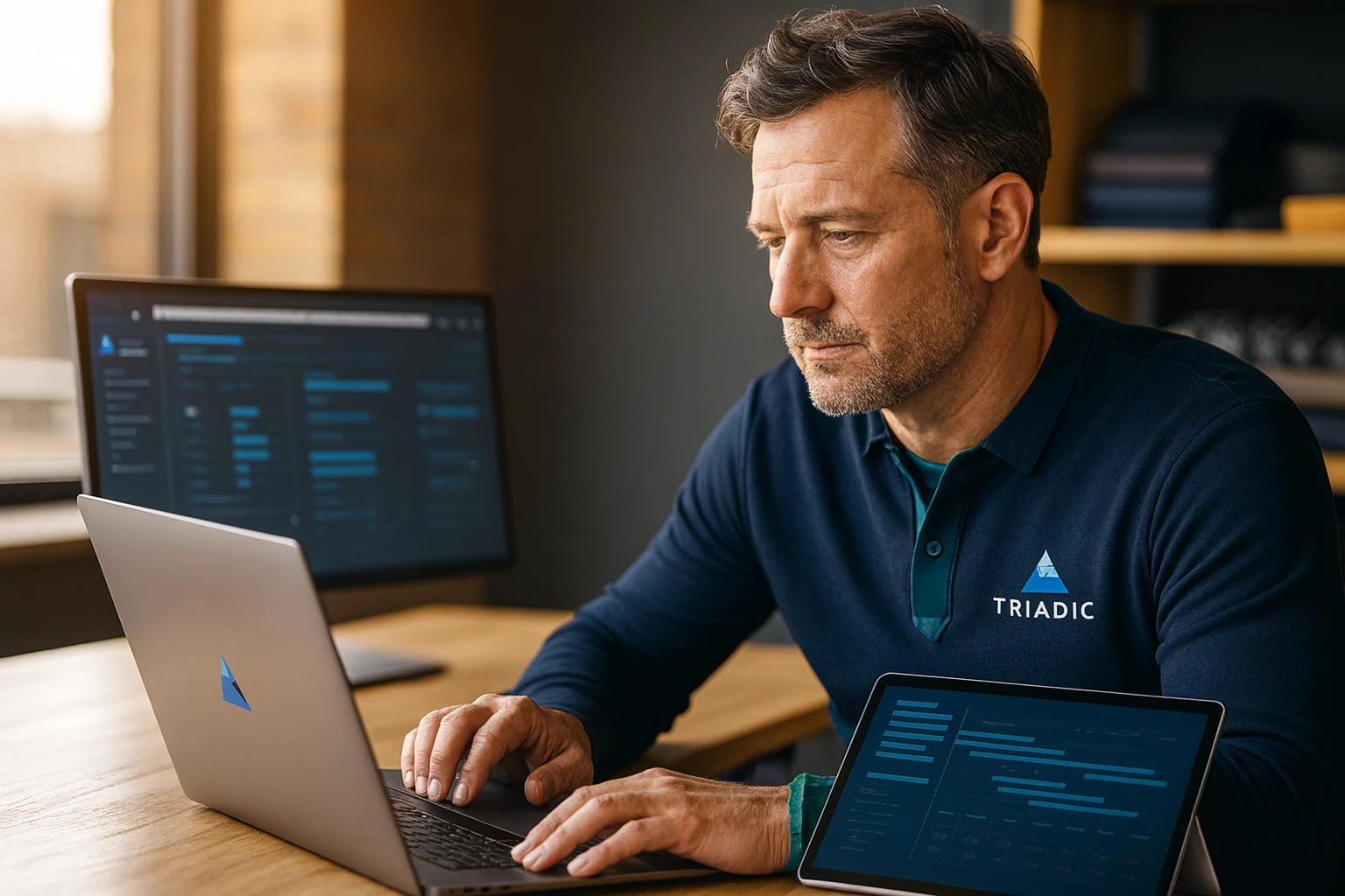 Triadic Software contractor office scene showing a business owner reviewing integrated construction accounting software on a laptop with warm lighting, no text overlay.
