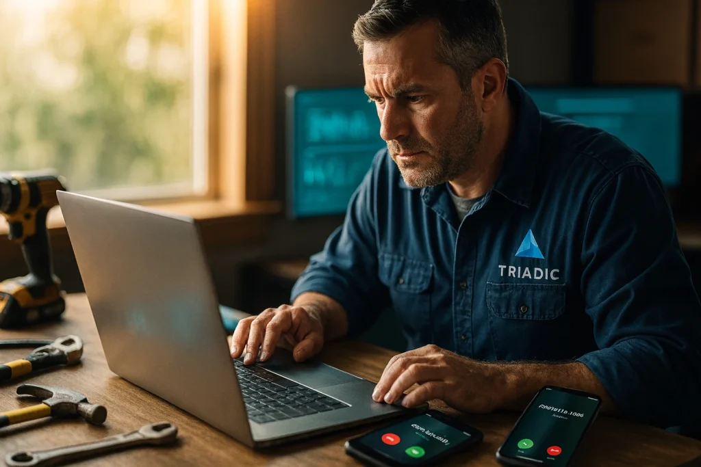Local contractor in Louisville office checking website metrics on laptop with warm lighting illustrating hosting importance for trade businesses avoiding downtime.