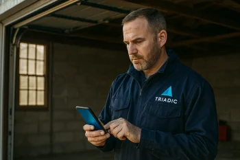 Home service manager in navy workwear using tablet with CRM interface for Louisville software development solutions and custom tech support tailored to local home service business…