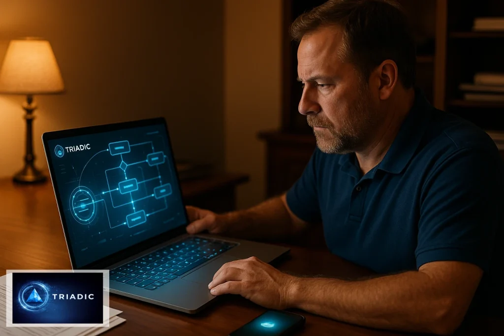 Local contractor monitoring website automation dashboard on laptop in warm office light with navy brand colors indicating active lead capture system for Louisville home service bu…