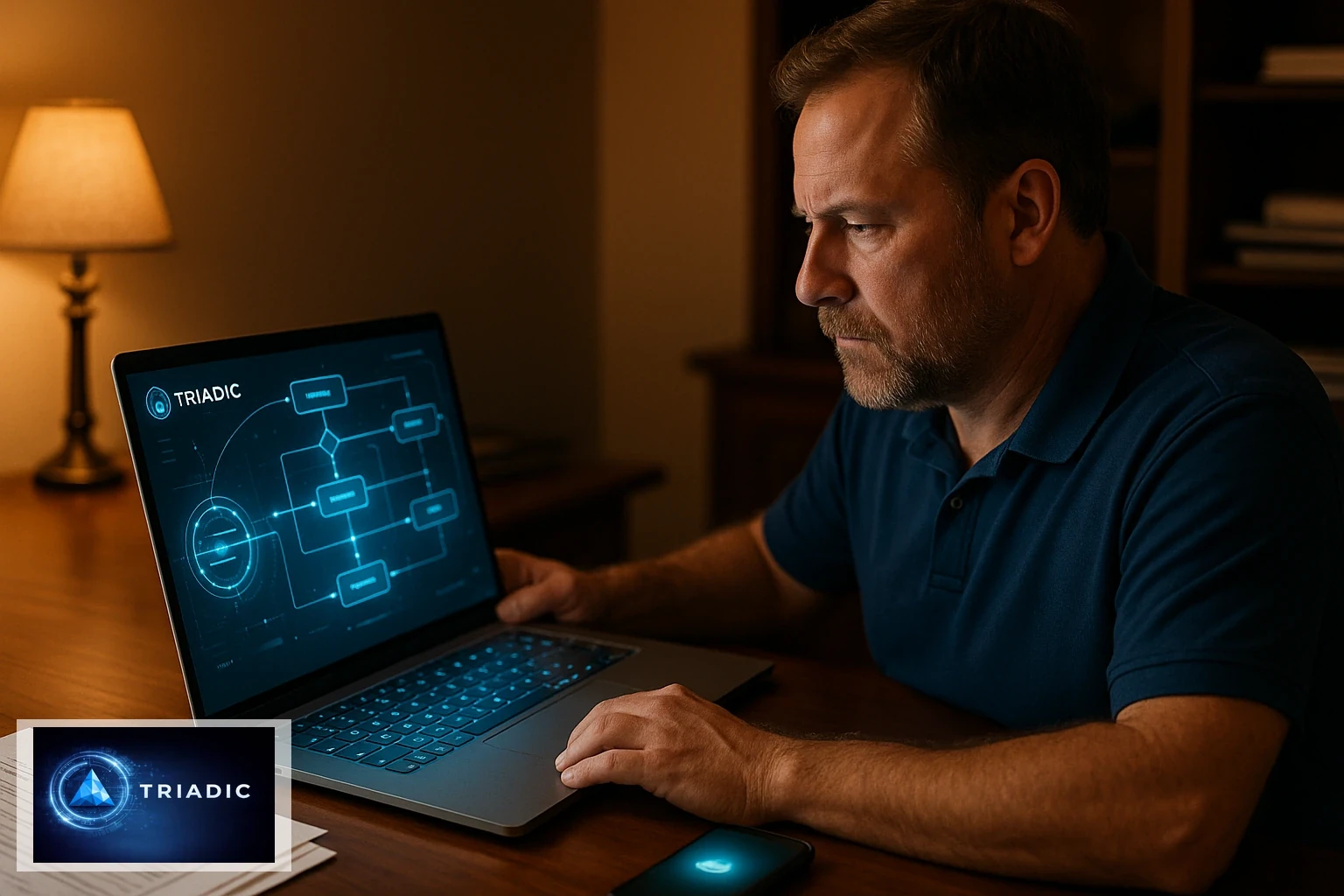 Local contractor monitoring website automation dashboard on laptop in warm office light with navy brand colors indicating active lead capture system for Louisville home service bu…