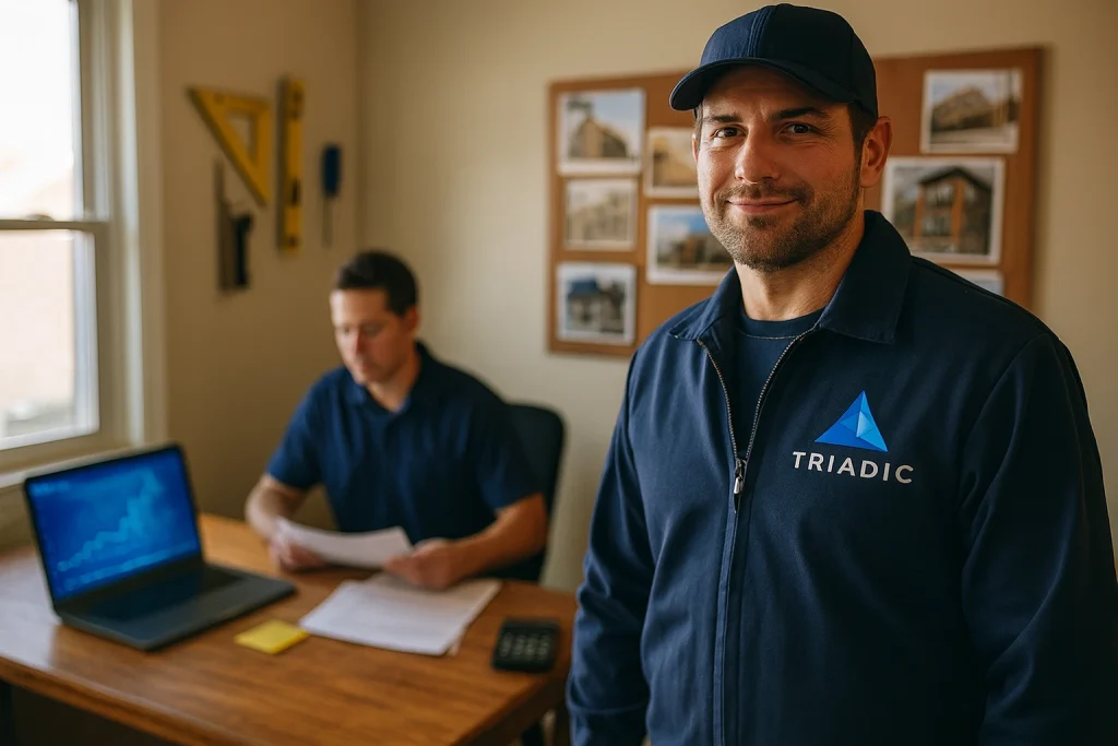 Contractor in office checking website performance metrics to determine when hosting needs an upgrade for better lead flow.