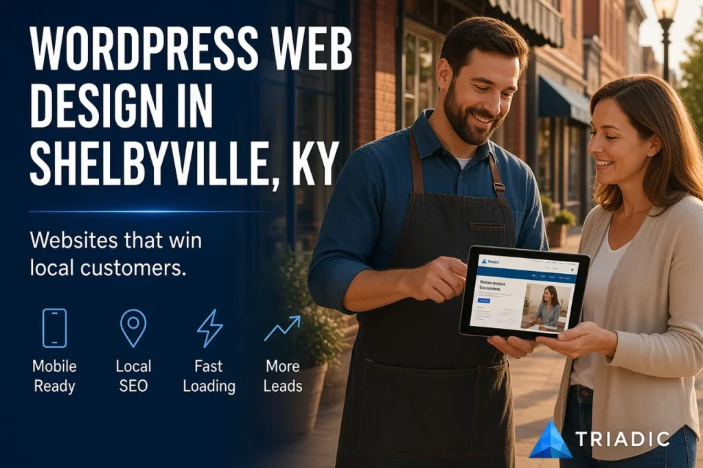 Shelbyville KY shop owner showing a custom WordPress website on a tablet to a customer on a brick main street